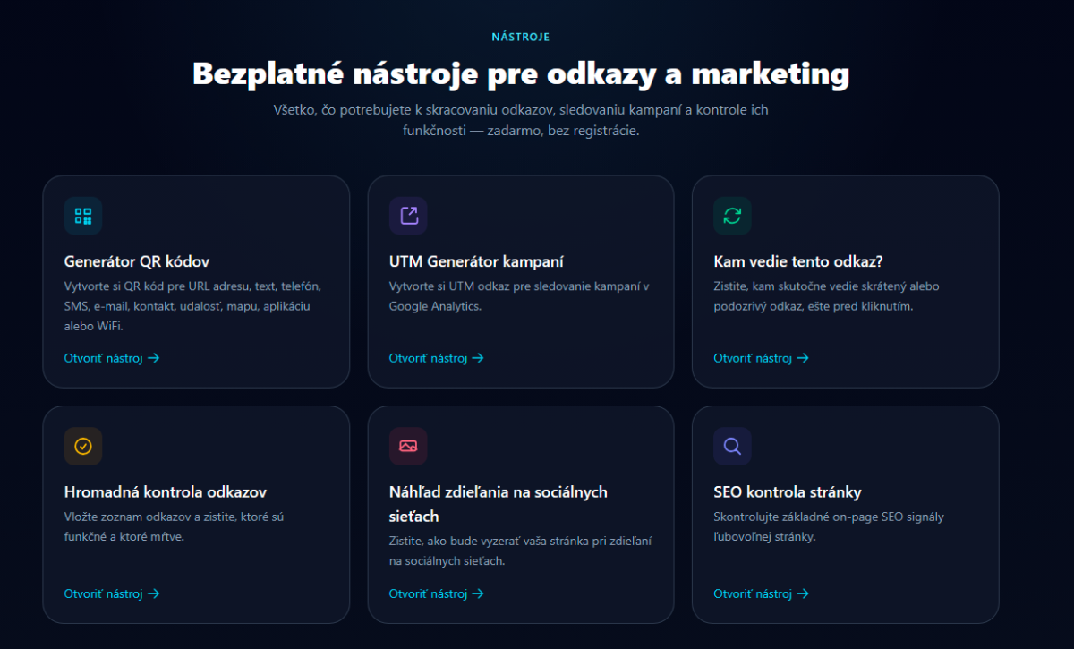 7 nových bezplatných nástrojov na odkz.sk — QR, SEO, bezpečnostné hlavičky a viac
